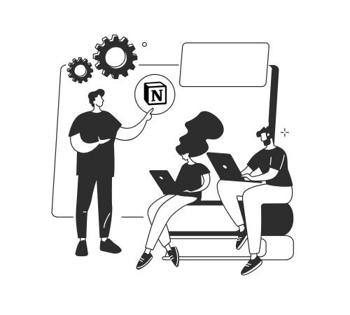 Ilustración de tres personas interactuando con laptops y el logo de Notion, representando el aprendizaje del curso Notion para la organización digital.