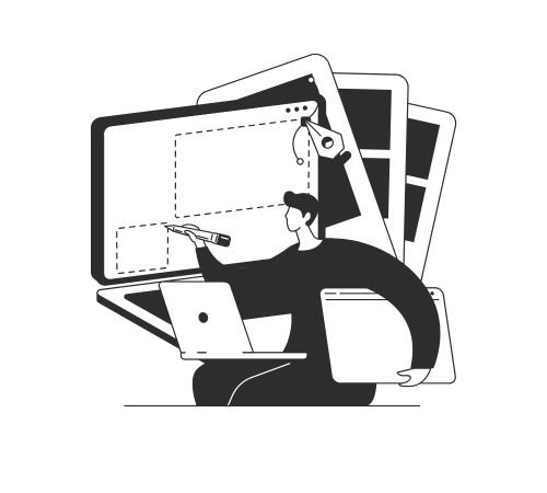 Ilustración de diseño digital en múltiples dispositivos representando el uso de Notion templates para la organización y productividad.